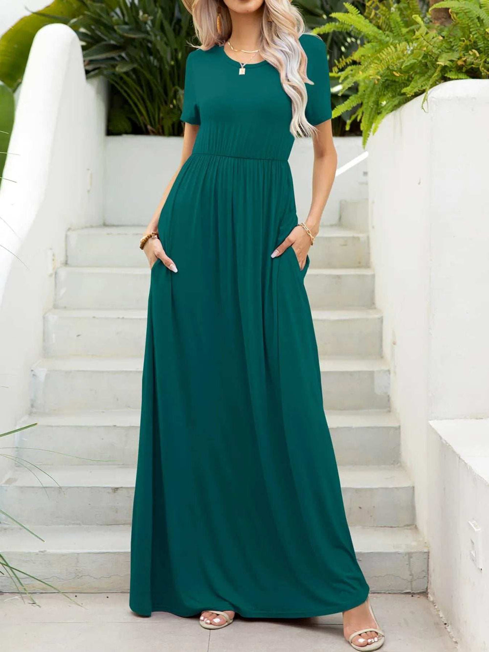 Round Neck Short Sleeve Maxi Dress with Pockets - Trendsi - Flyclothing LLC