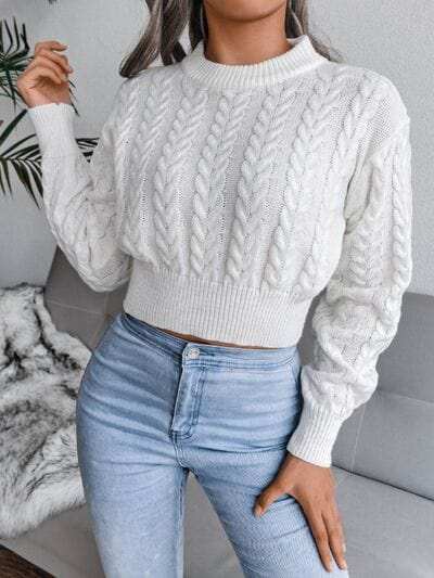 Cable-Knit Round Neck Sweater - Trendsi - Flyclothing LLC