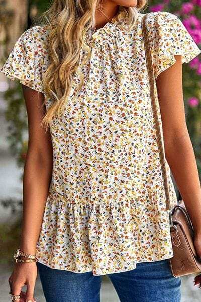 Ditsy Floral Peplum Short Sleeve Blouse - Trendsi - Flyclothing LLC
