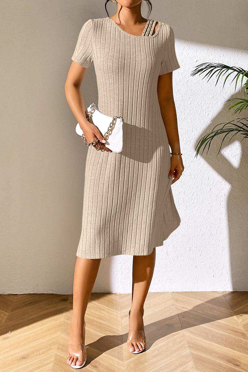Ribbed Asymmetrical Neck Short Sleeve Dress - Trendsi - Flyclothing LLC