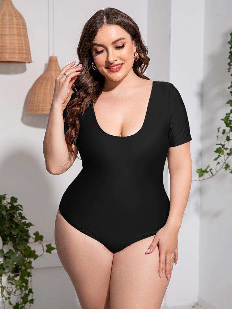 Plus Size Scoop Neck Short Sleeve One-Piece Swimsuit - Trendsi - Flyclothing LLC