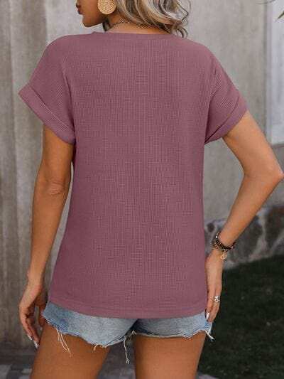 Cable-Knit Round Neck Short Sleeve T-Shirt - Trendsi - Flyclothing LLC