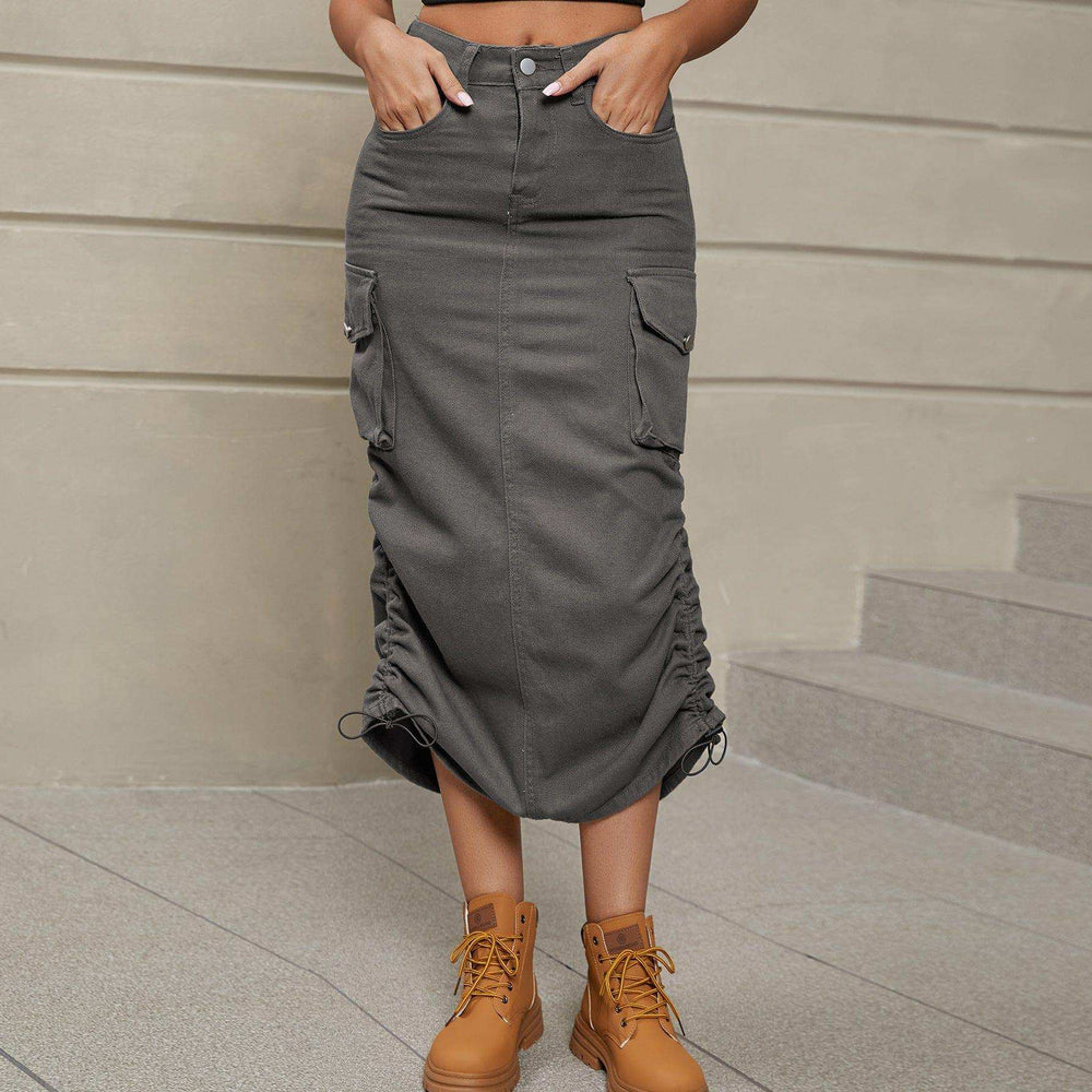 Drawstring Ruched Slit Denim Midi Skirt - Trendsi - Flyclothing LLC