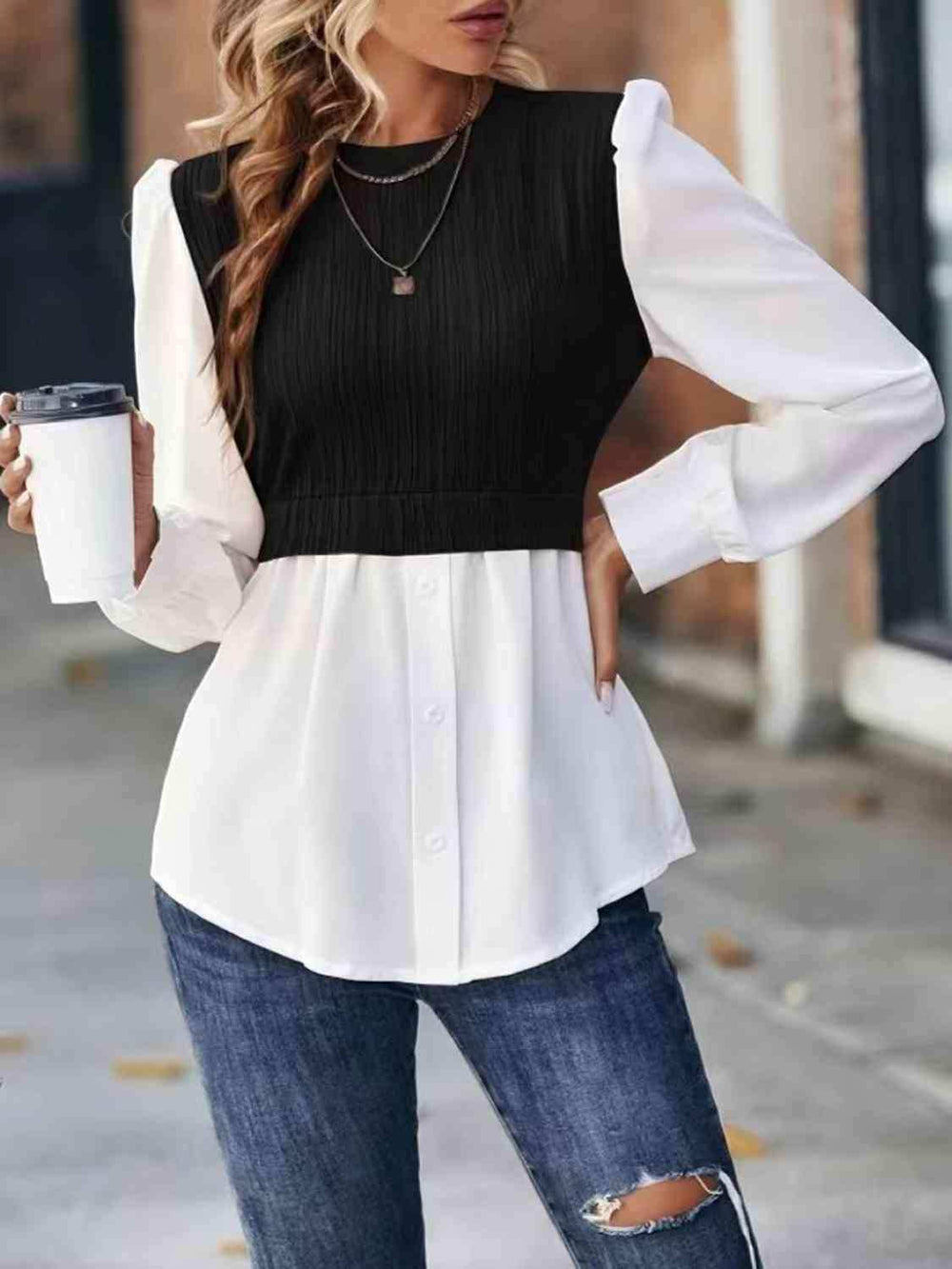 Contrast Round Neck Puff Sleeve Blouse - Trendsi - Flyclothing LLC