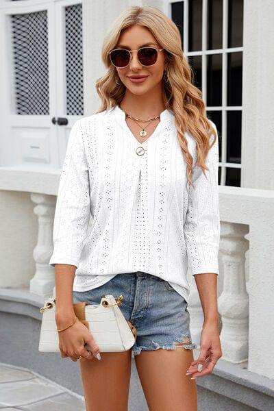 Eyelet Notched Knit Jacquard Top - Trendsi - Flyclothing LLC