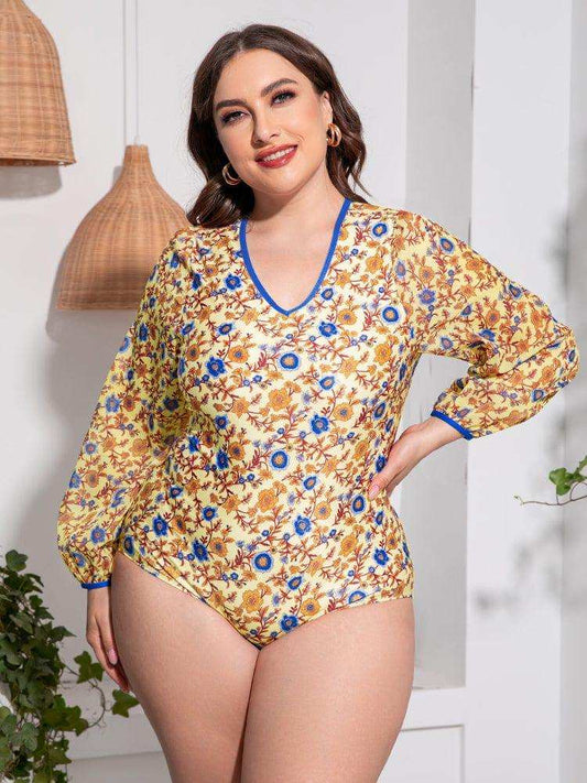 Plus Size Floral Open Back Long Sleeve One-Piece Swimsuit - Trendsi - Flyclothing LLC
