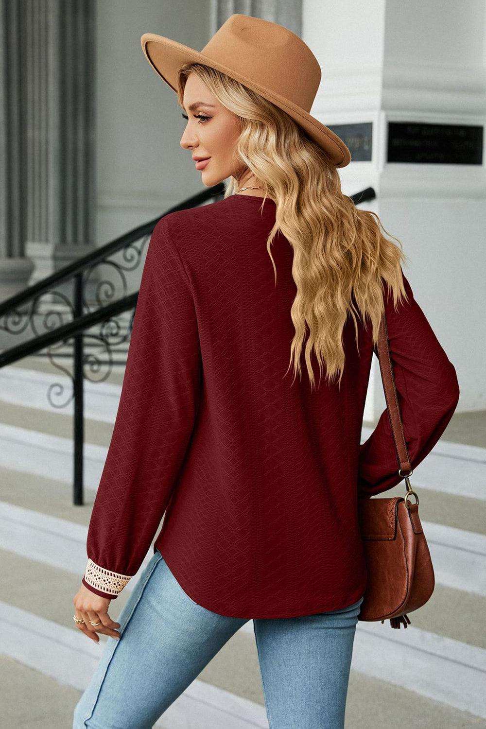 V-Neck Long Sleeve Blouse - Trendsi - Flyclothing LLC