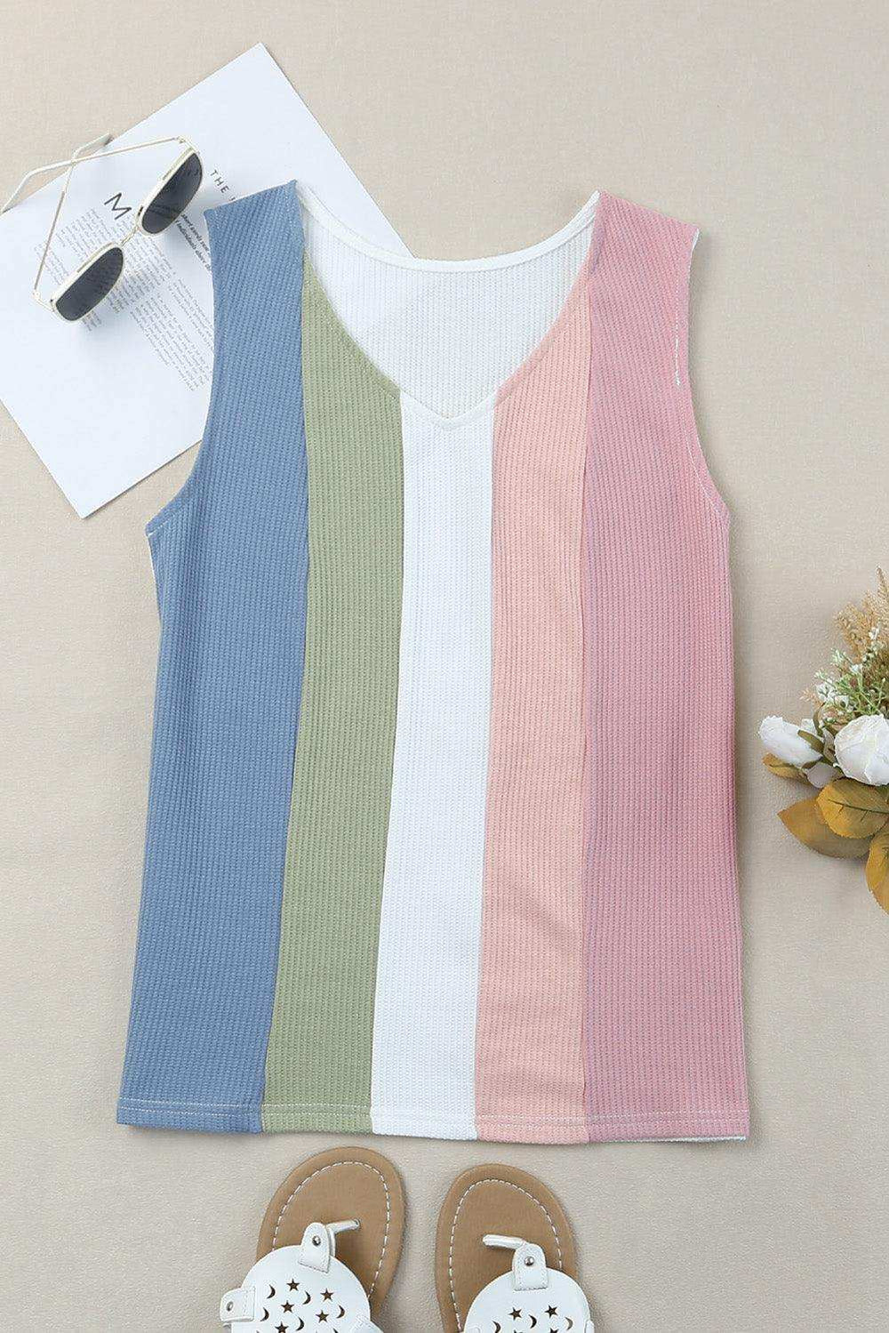 Multicolored Striped Waffle-Knit Sleeveless Tank - Trendsi - Flyclothing LLC