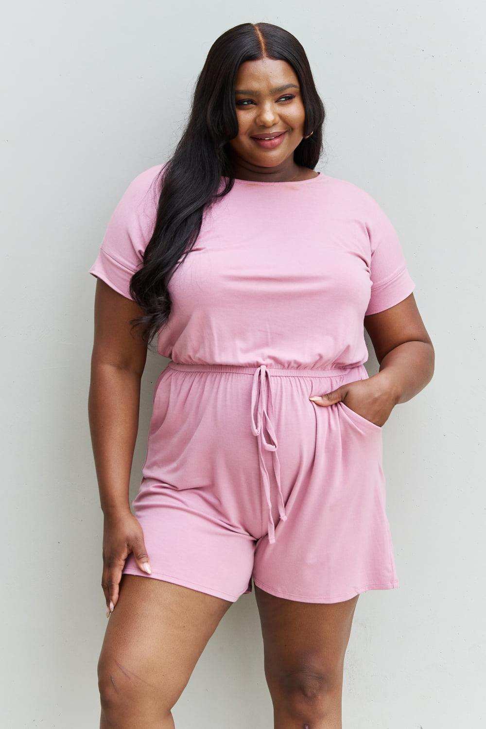 Zenana Chilled Out Full Size Short Sleeve Romper in Light Carnation Pink - Trendsi - Flyclothing LLC