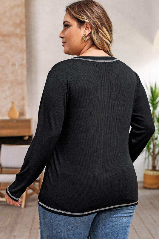 Plus Size Notched Neck Long Sleeve T-Shirt - Trendsi - Flyclothing LLC