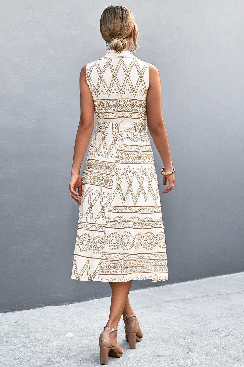 Printed Button Front Tie-Waist Sleeveless Collared Dress - Trendsi - Flyclothing LLC