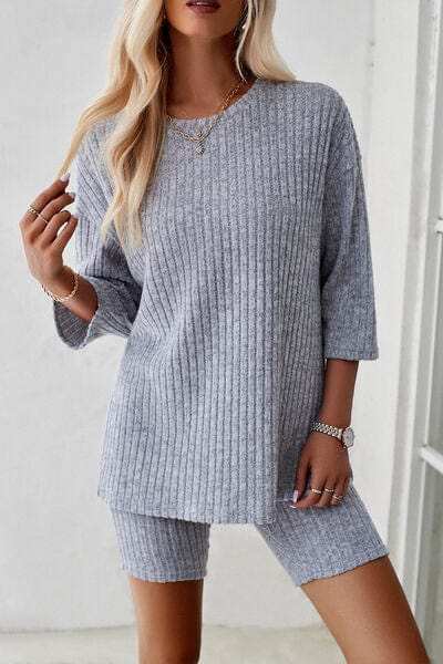Ribbed Round Neck Top and Shorts Set - Trendsi - Flyclothing LLC