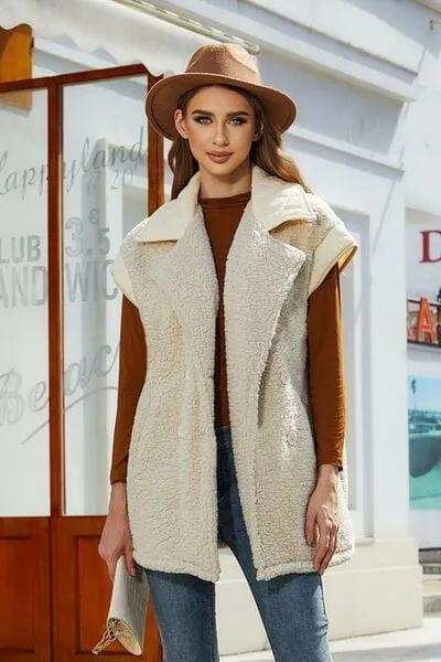 Fuzzy Collared Neck Button Up Vest Coat - Trendsi - Flyclothing LLC