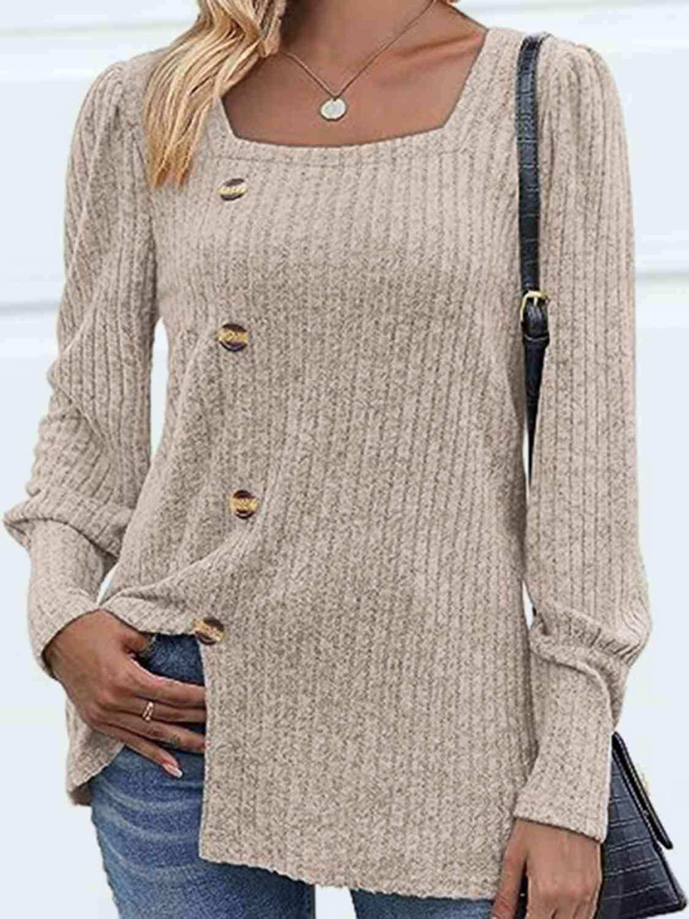 Decorative Button Square Neck Top - Trendsi - Flyclothing LLC