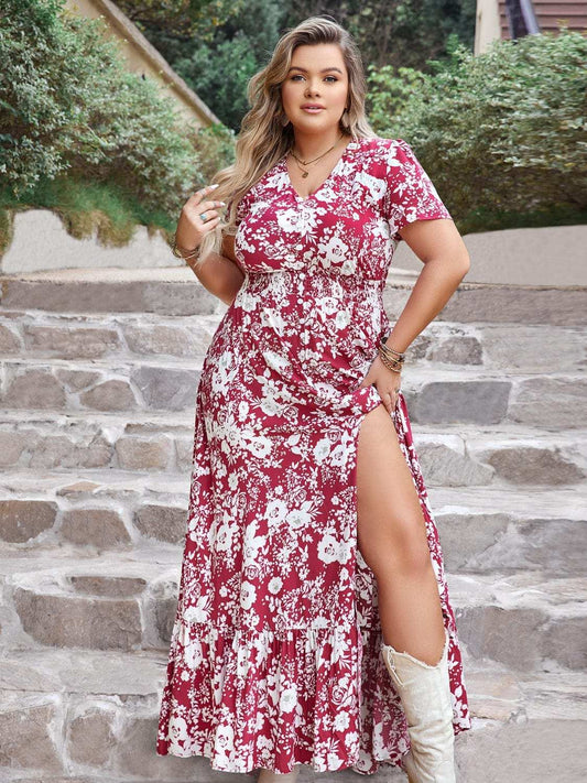 Plus Size Slit Printed V-Neck Maxi Dress - Trendsi - Flyclothing LLC