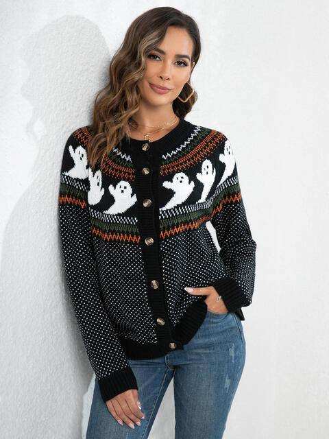 Ghost Button Up Long Sleeve Cardigan - Trendsi - Flyclothing LLC