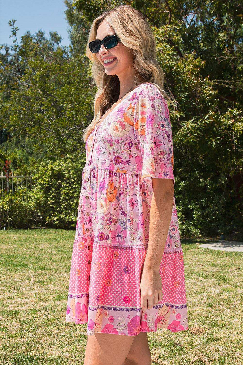 Floral Polka Dot Buttoned Mini Dress - Trendsi - Flyclothing LLC