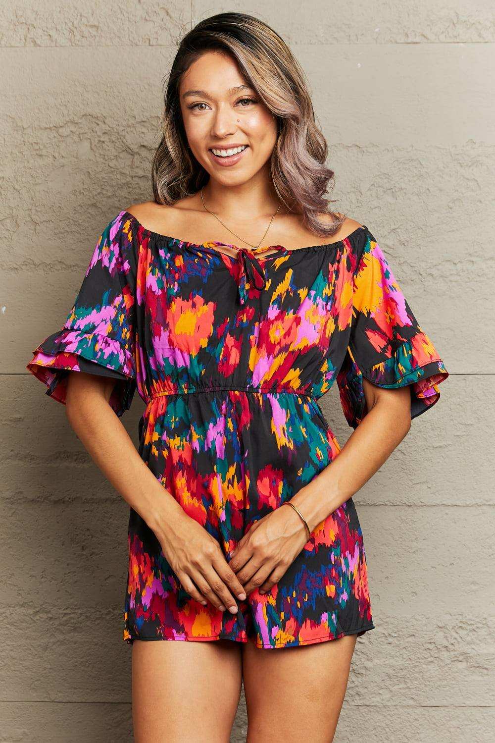 Printed Tied Flounce Sleeve Romper - Trendsi - Flyclothing LLC