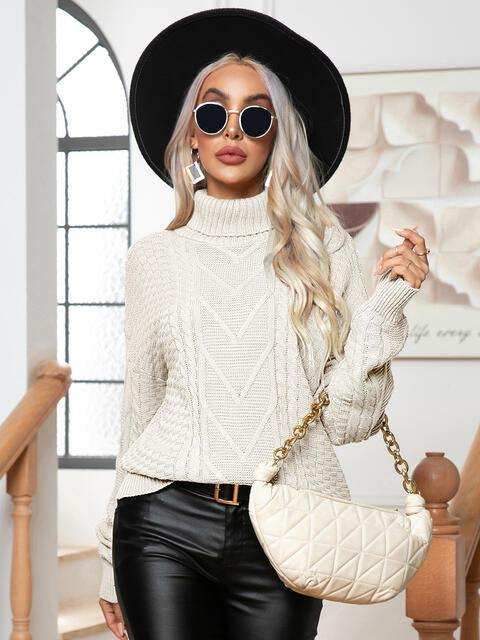 Turtleneck Cable-Knit Long Sleeve Sweater - Trendsi - Flyclothing LLC