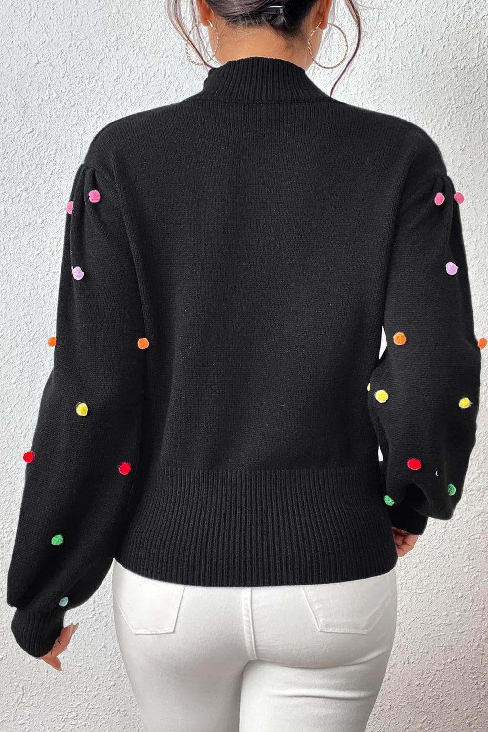 Pom-Pom Trim Mock Neck Long Sleeve Pullover Sweater - Trendsi - Flyclothing LLC