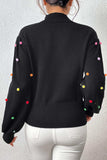 Pom-Pom Trim Mock Neck Long Sleeve Pullover Sweater - Trendsi - Flyclothing LLC