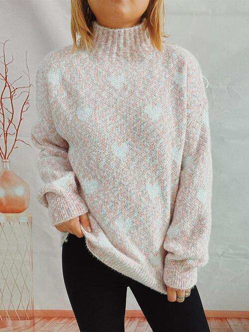 Heart Heathered Turtleneck Drop Shoulder Sweater - Trendsi - Flyclothing LLC