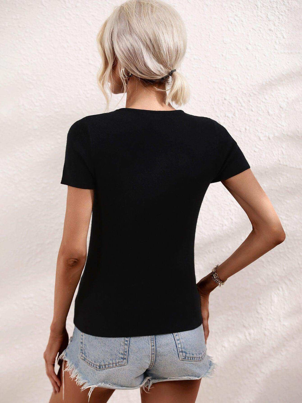 Cutout Round Neck Short Sleeve Knit Top - Trendsi - Flyclothing LLC