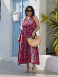 Plus Size Slit Floral Halter Neck Dress - Trendsi - Flyclothing LLC