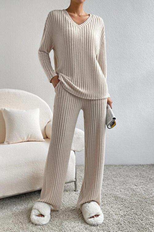 Ribbed V-Neck Top and Pants Set - Trendsi - Flyclothing LLC