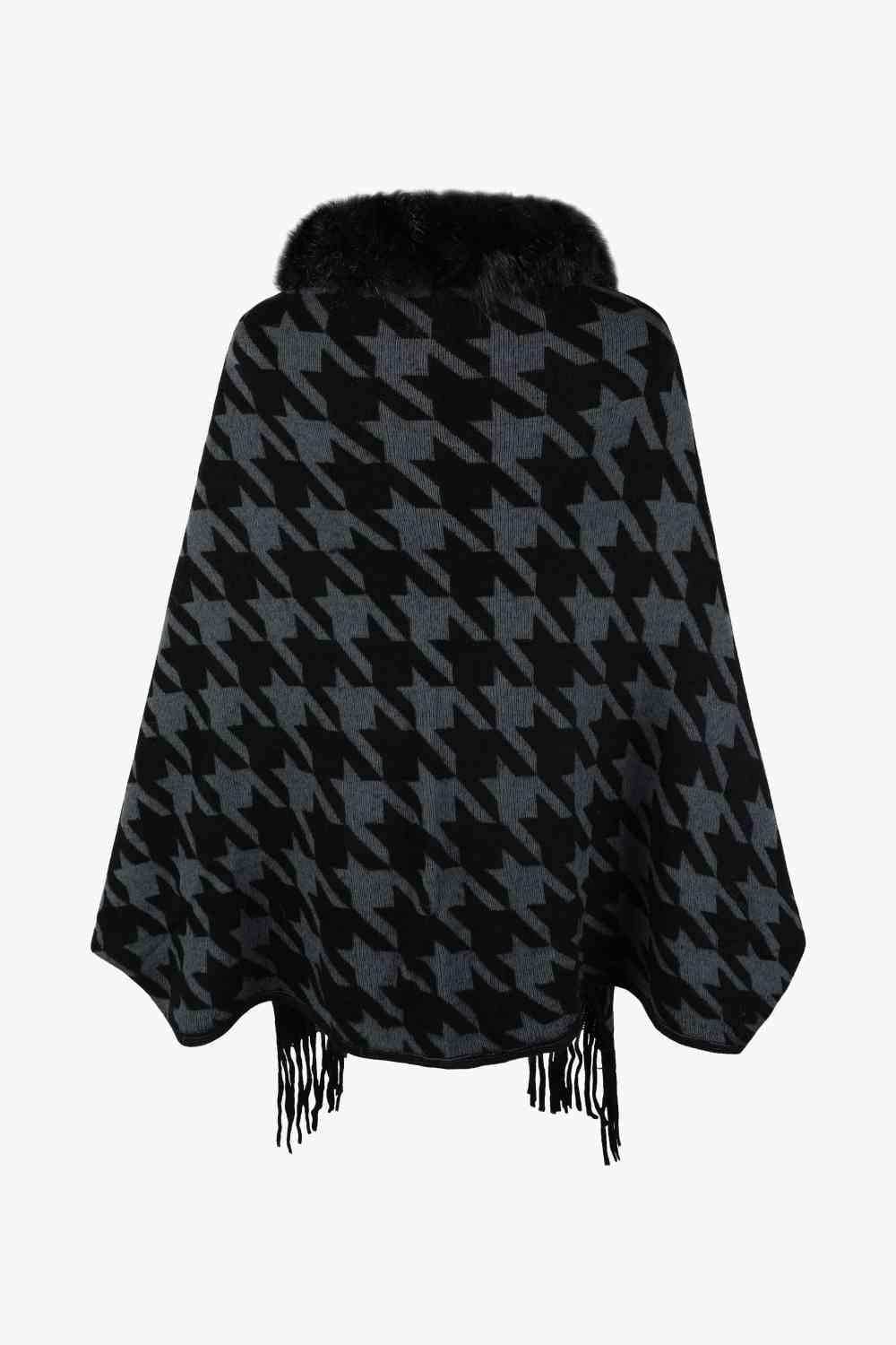 Houndstooth Fringe Hem Poncho - Trendsi - Flyclothing LLC