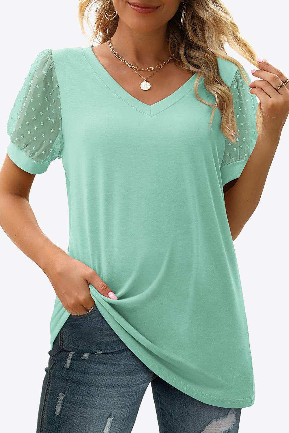 Swiss Dot Puff Sleeve V-Neck Tee - Trendsi - Flyclothing LLC