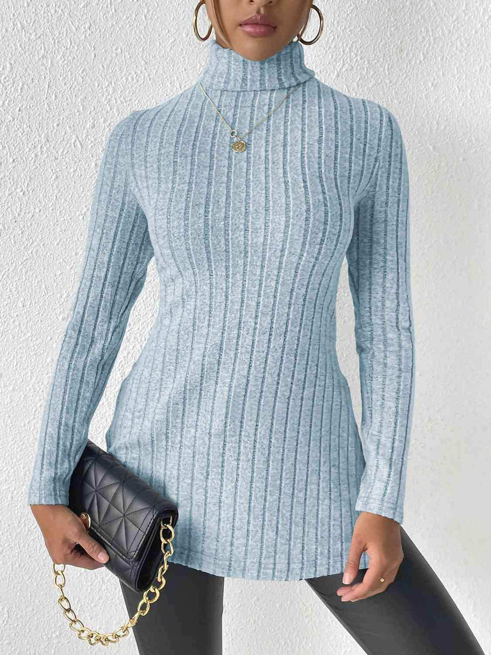 Ribbed Turtleneck Long Sleeve Slit T-Shirt - Trendsi - Flyclothing LLC