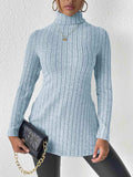 Ribbed Turtleneck Long Sleeve Slit T-Shirt - Trendsi - Flyclothing LLC