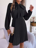 Tie Neck Balloon Sleeve Pleated Dress - Trendsi - Flyclothing LLC