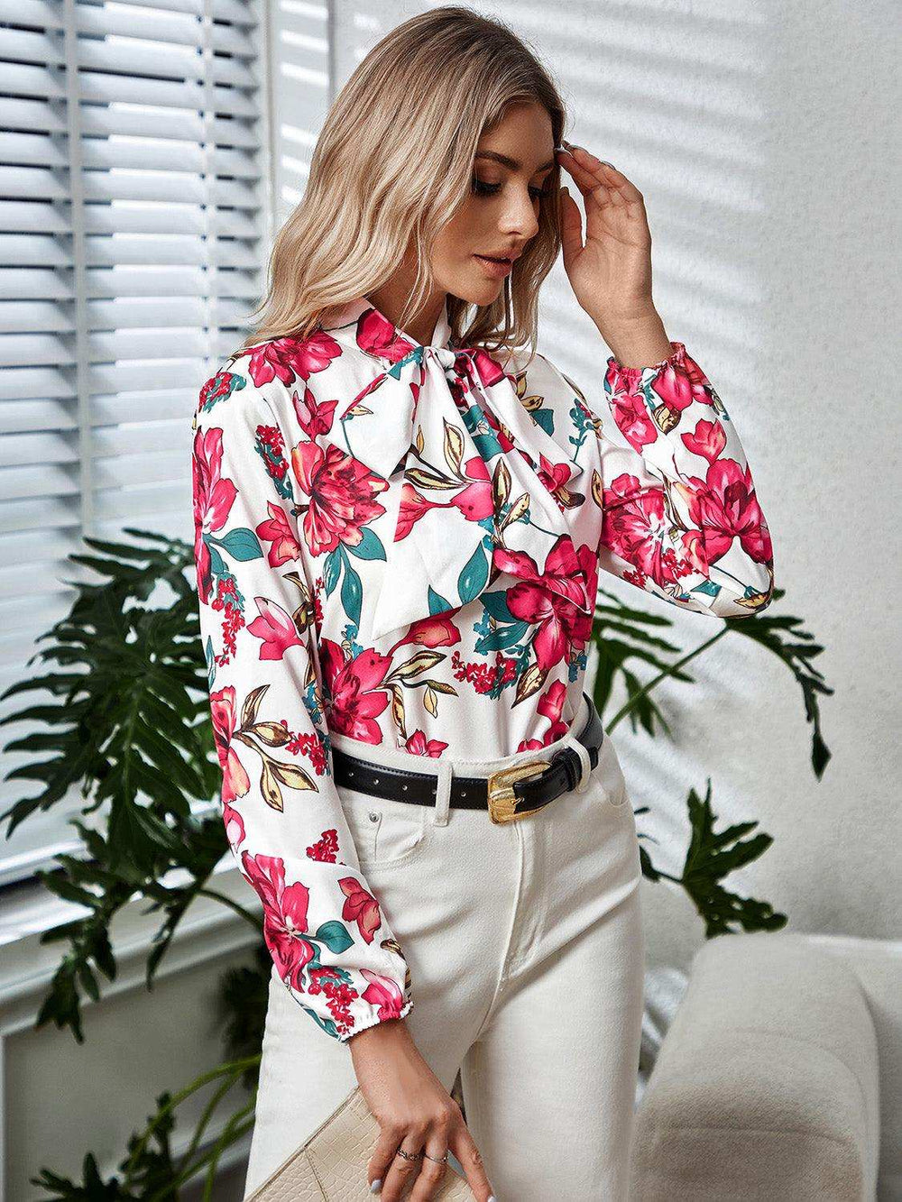 Printed Tie Neck Long Sleeve Blouse - Trendsi - Flyclothing LLC