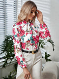 Printed Tie Neck Long Sleeve Blouse - Trendsi - Flyclothing LLC