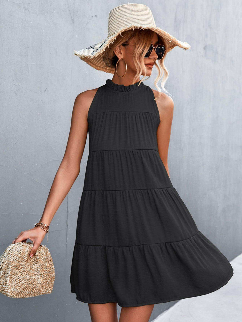 Tie Back Mock Neck Tiered Dress - Trendsi - Flyclothing LLC