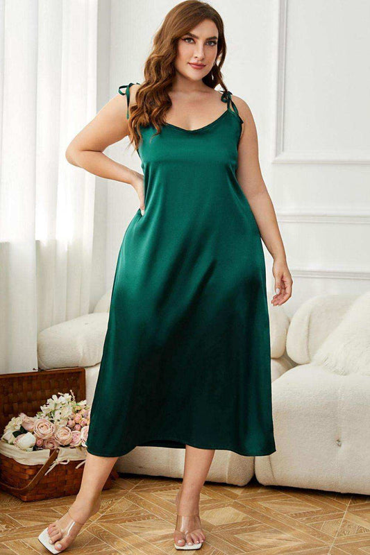 Plus Size Tie-Shoulder Midi Night Dress - Trendsi - Flyclothing LLC