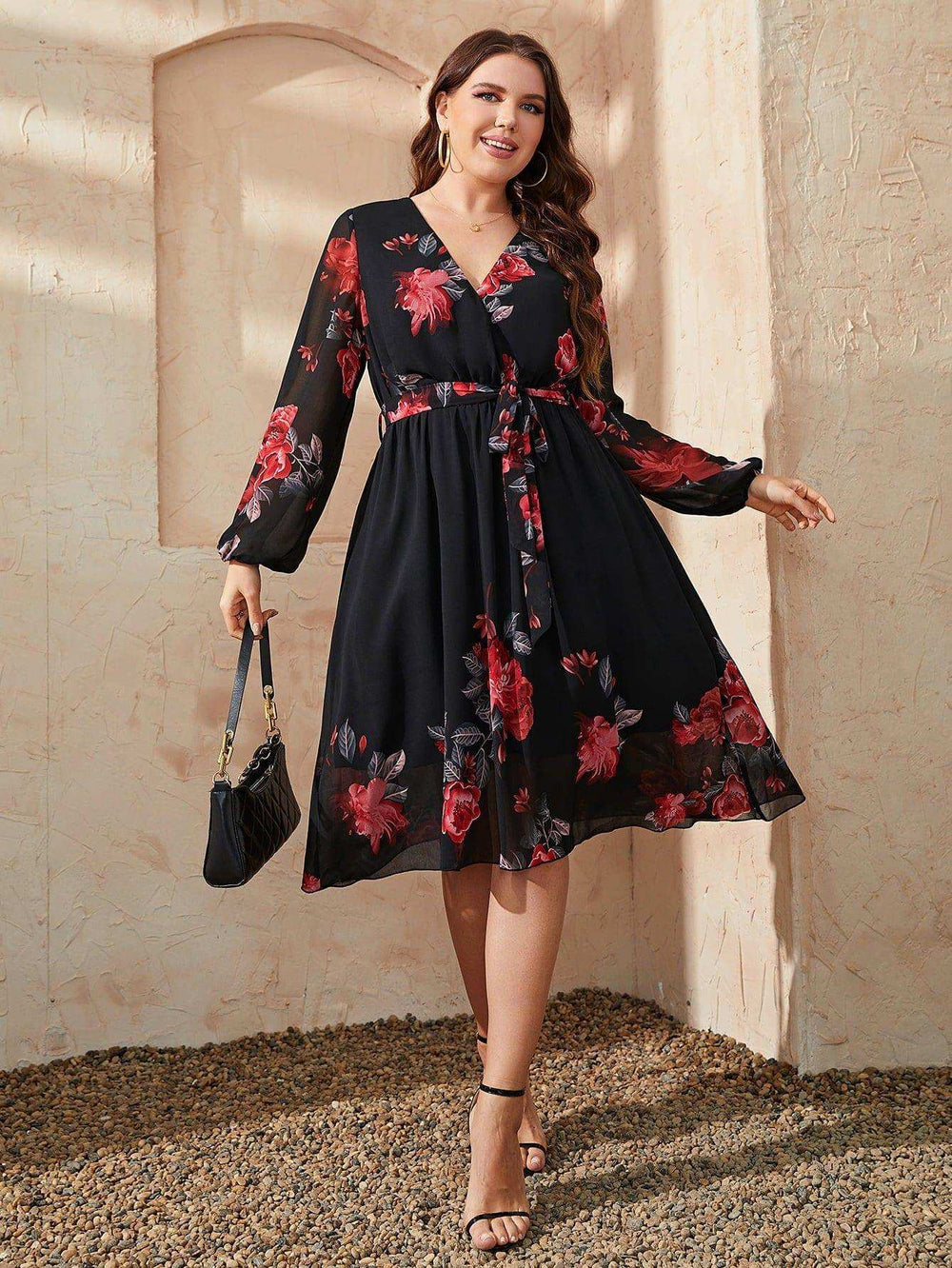Plus Size Floral Surplice Neck Tie Waist Dress - Trendsi - Flyclothing LLC