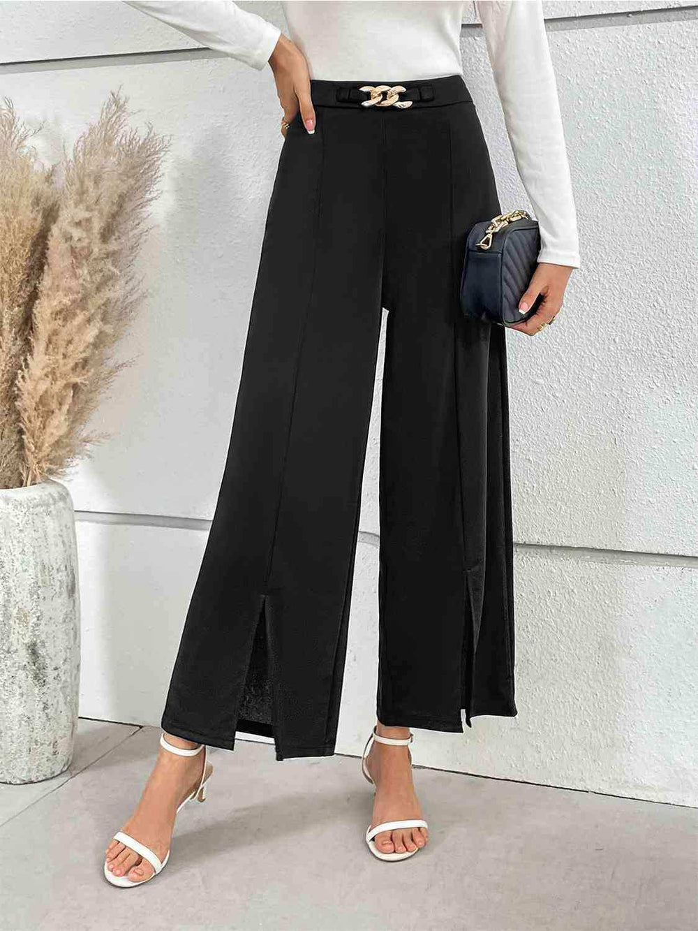 Chain Detail Slit Straight Pants - Trendsi - Flyclothing LLC