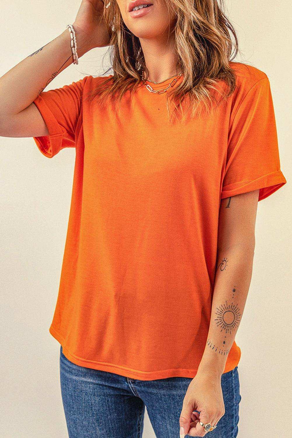 Round Neck Cuffed Short Sleeve Tee - Trendsi - Flyclothing LLC