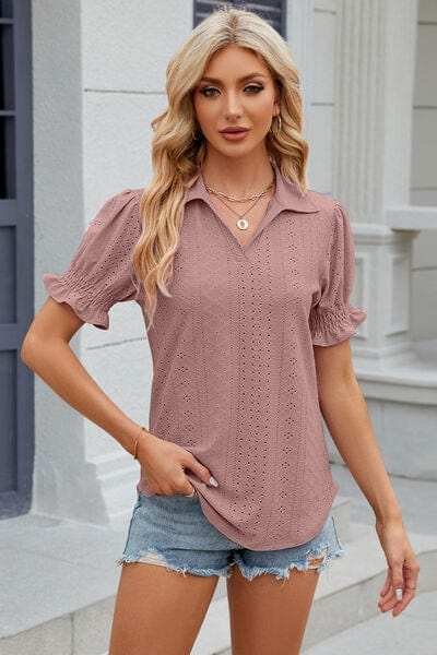 Eyelet Johnny Collar Short Sleeve Blouse - Trendsi - Flyclothing LLC
