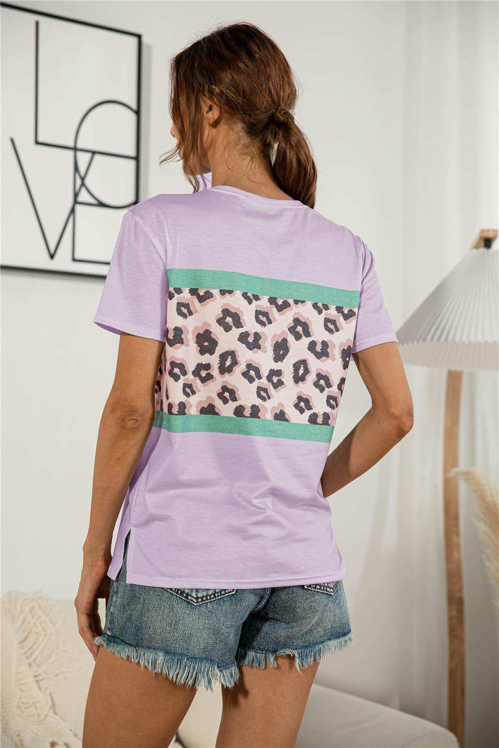 Leopard Color Block Side Slit Tee - Trendsi - Flyclothing LLC