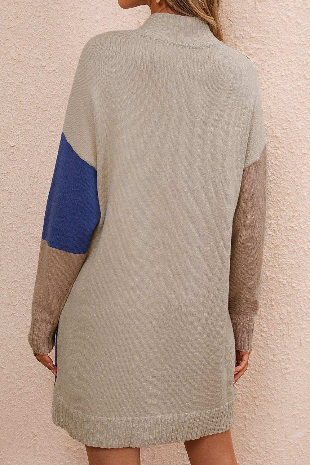 Color Block Mock Neck Dropped Shoulder Sweater Dress - Trendsi - Flyclothing LLC