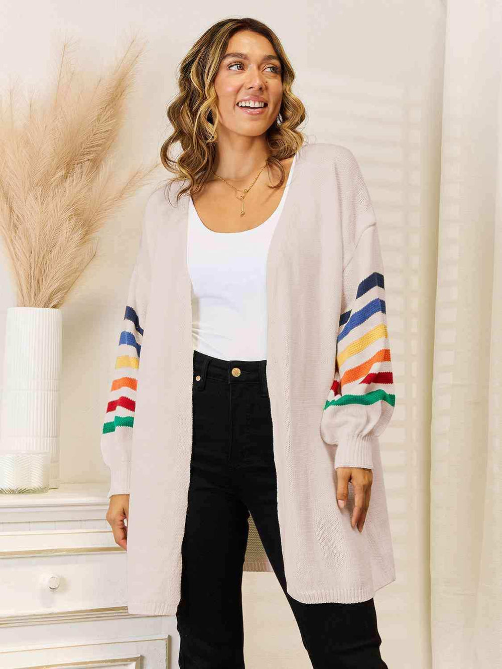 Striped Open Front Dropped Shoulder Cardigan - Trendsi - Flyclothing LLC