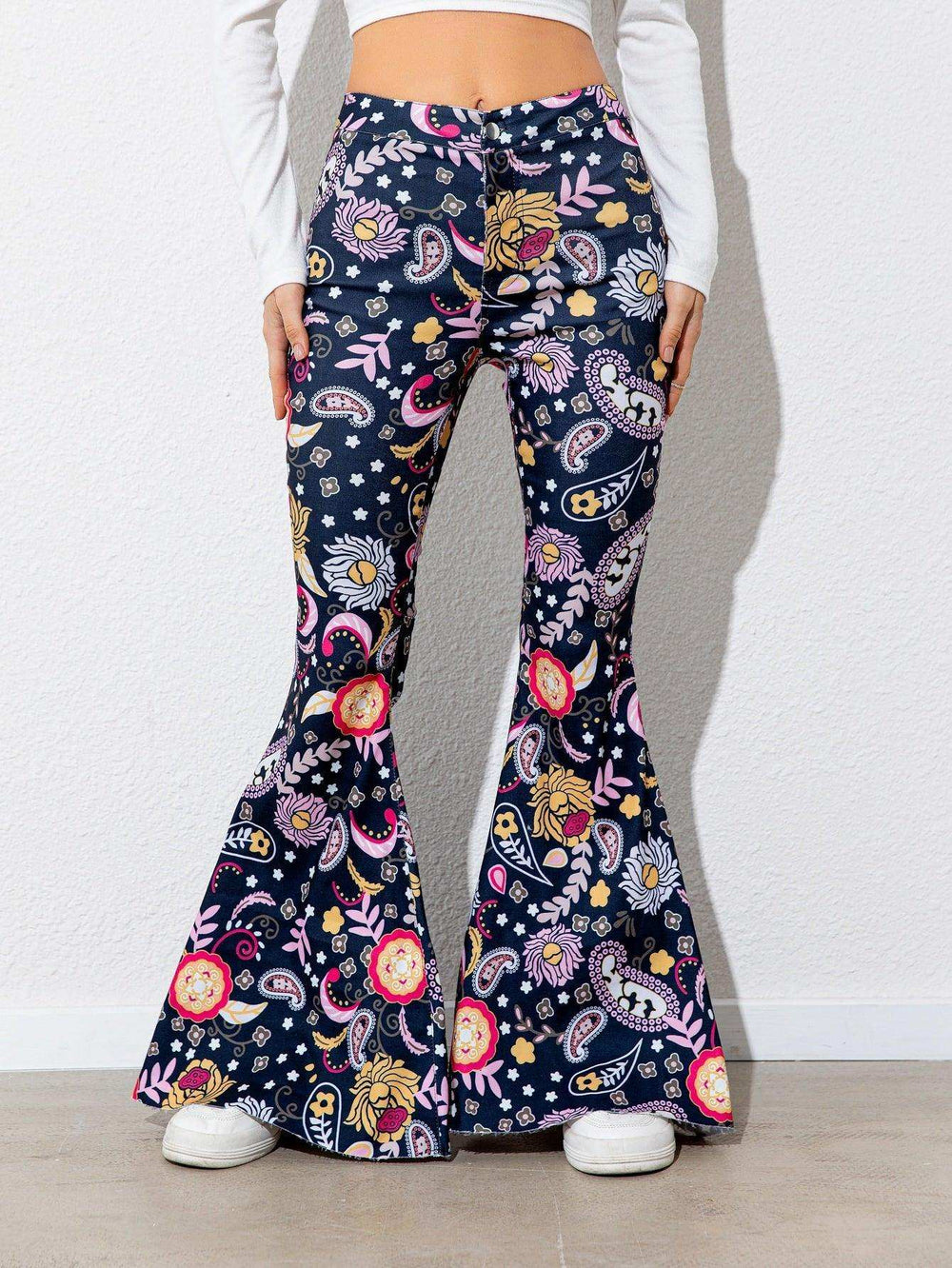 Floral High Waist Flare Leg Pants - Trendsi - Flyclothing LLC