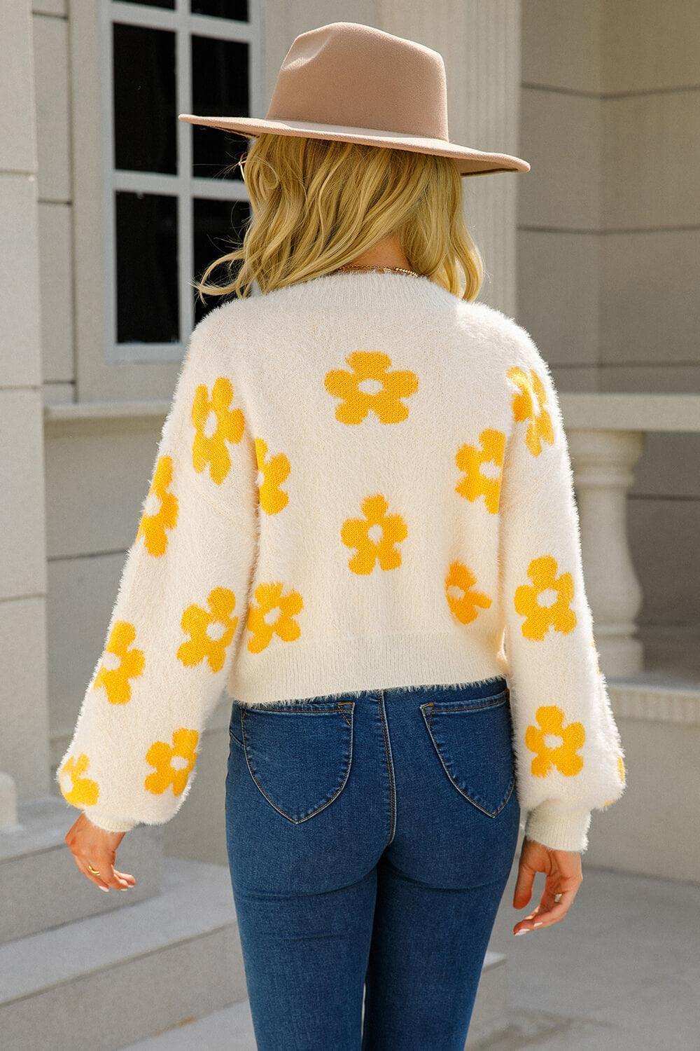 Floral Open Front Fuzzy Cardigan - Trendsi - Flyclothing LLC