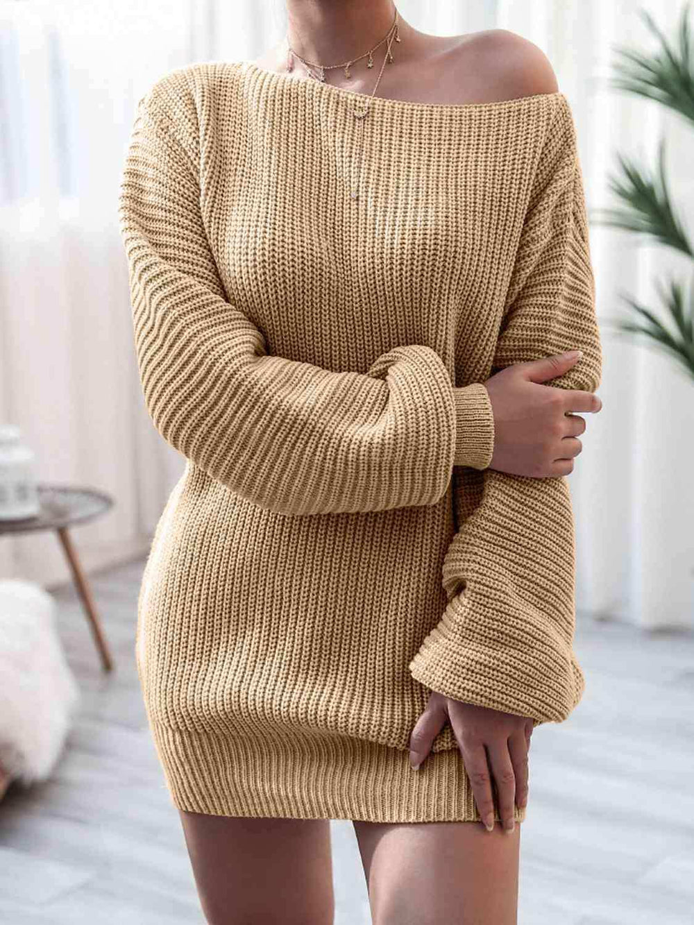 Rib-Knit Mini Sweater Dress - Trendsi - Flyclothing LLC