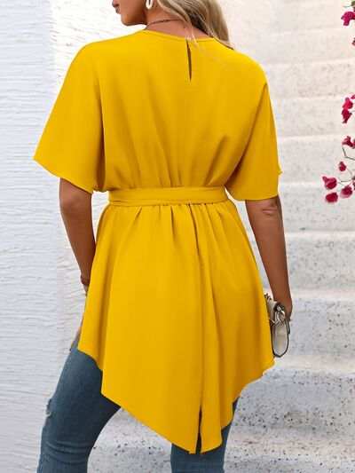 Tied Round Neck Half Sleeve Blouse - Trendsi - Flyclothing LLC