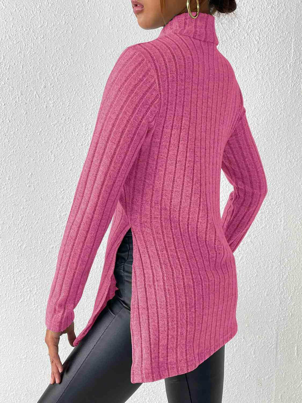 Ribbed Turtleneck Long Sleeve Slit T-Shirt - Trendsi - Flyclothing LLC